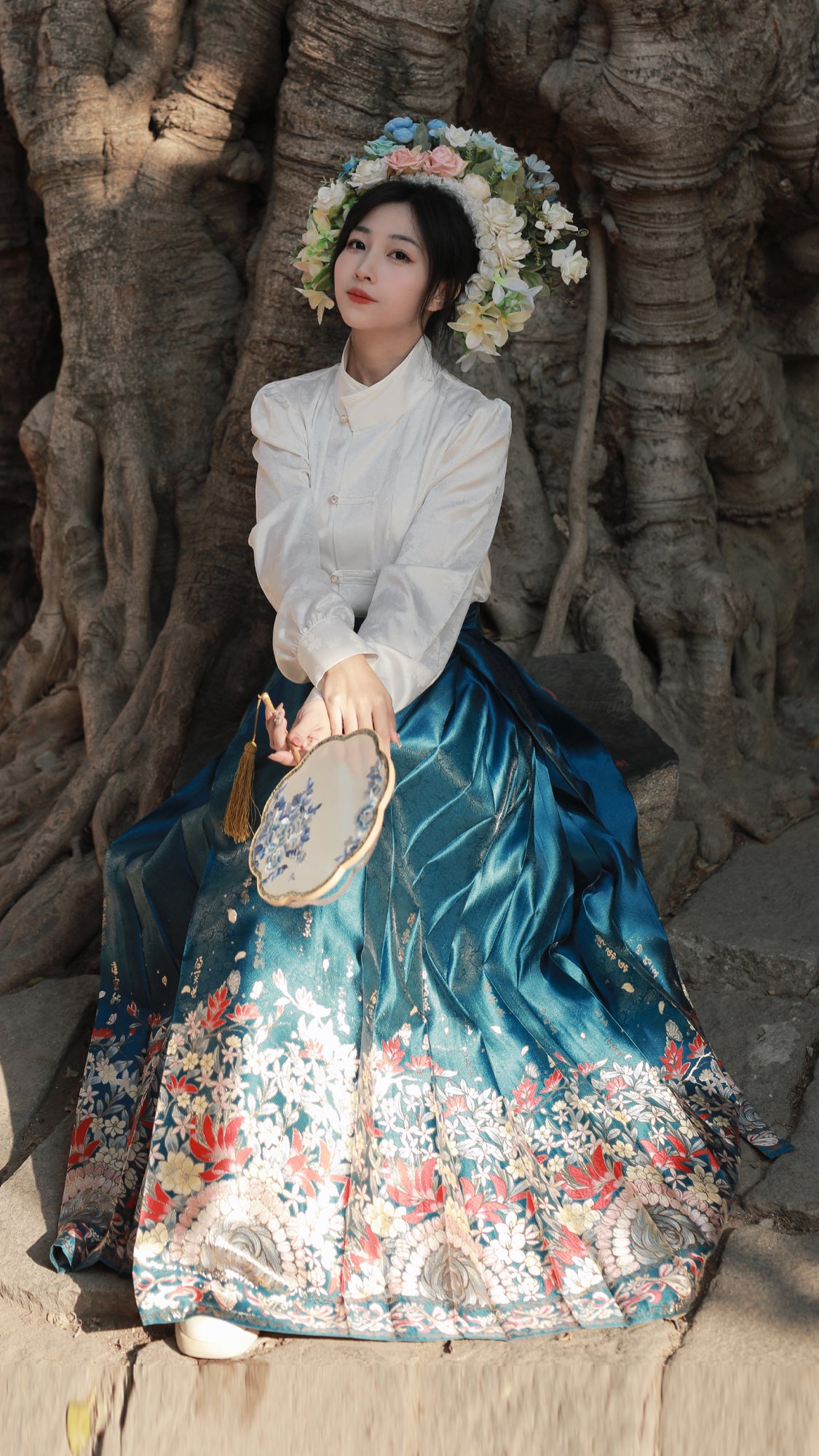 [One Thought Hairpin Flower]Ming-style Hanfu Brocade Imitation Makeup Flower Horseface Skirt-Blue