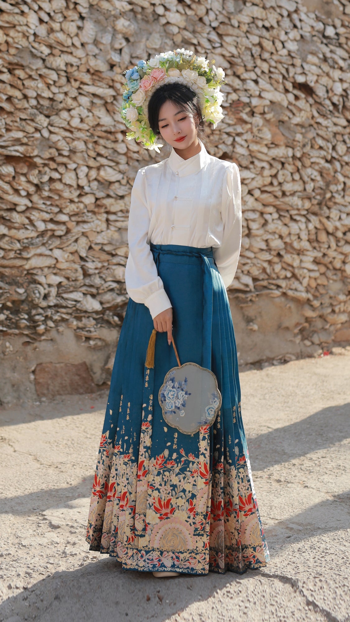 [One Thought Hairpin Flower]Ming-style Hanfu Brocade Imitation Makeup Flower Horseface Skirt-Blue