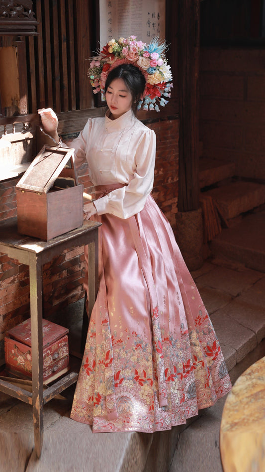 [One Thought Hairpin Flower]Ming-style Hanfu Brocade Imitation Makeup Flower Horseface Skirt-Pink