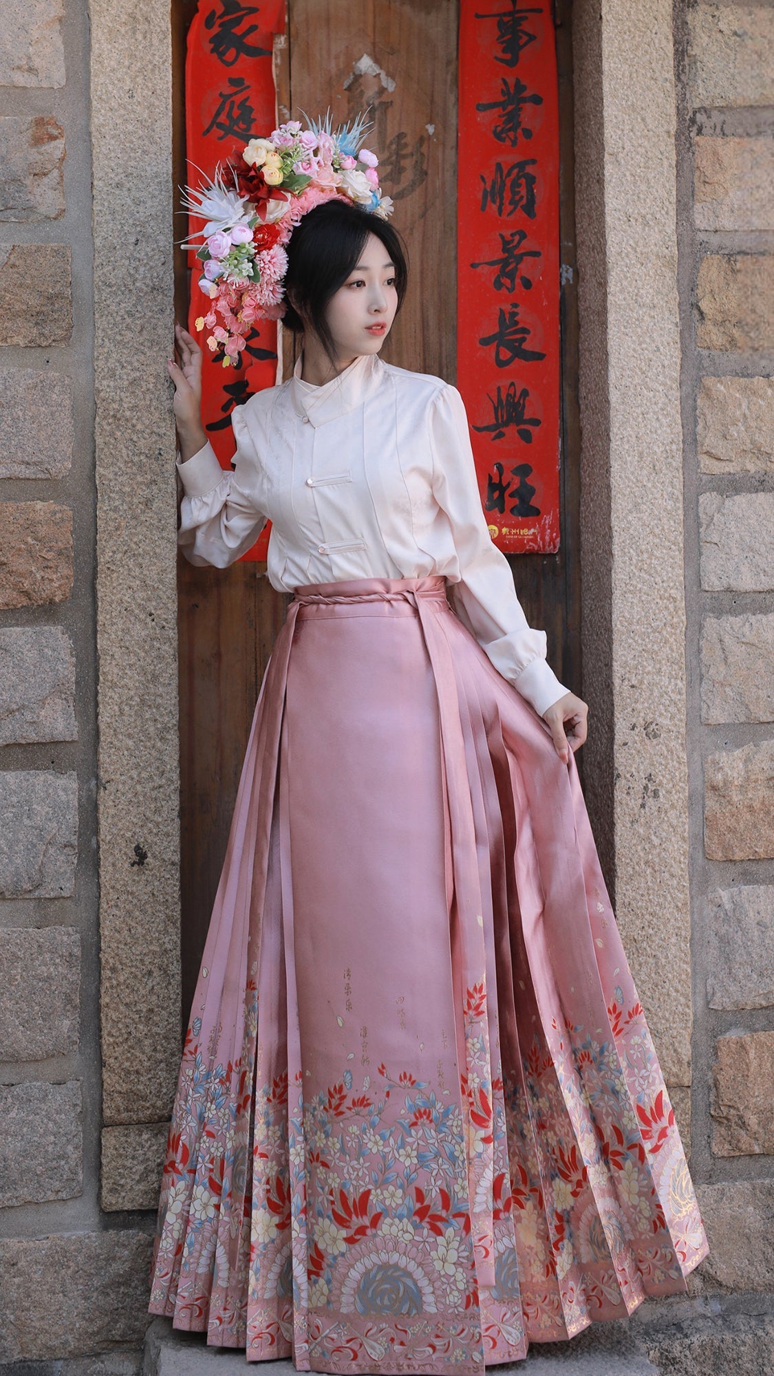 [One Thought Hairpin Flower]Ming-style Hanfu Brocade Imitation Makeup Flower Horseface Skirt-Pink