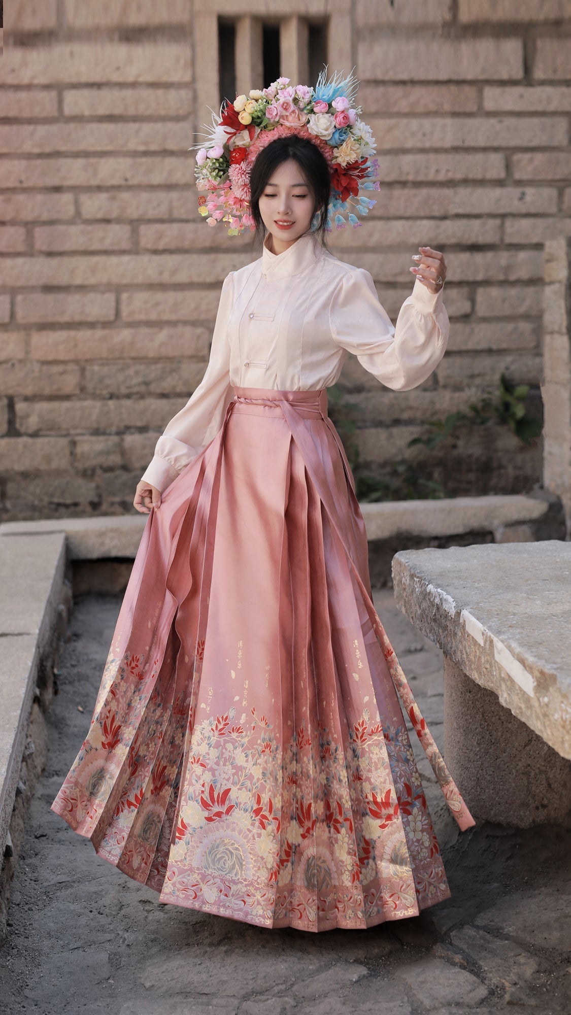 [One Thought Hairpin Flower]Ming-style Hanfu Brocade Imitation Makeup Flower Horseface Skirt-Pink