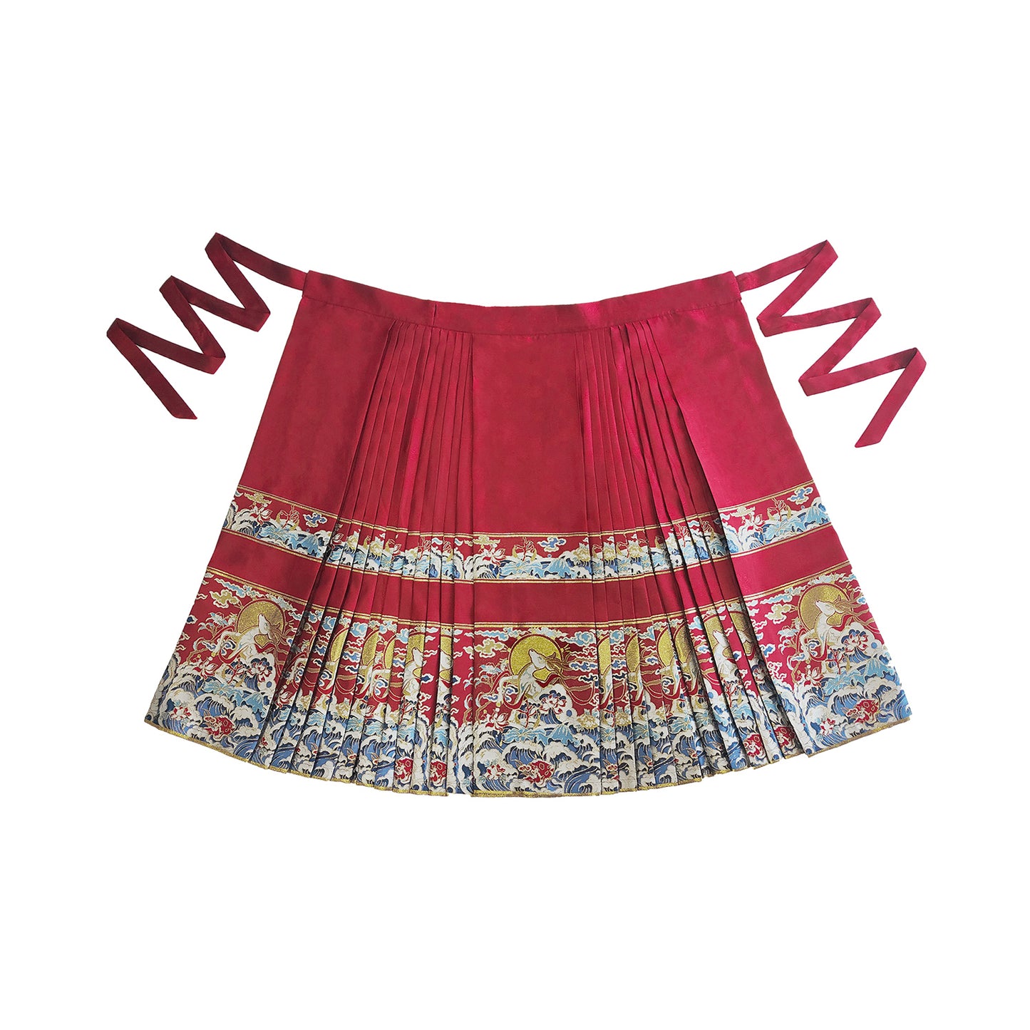 [Deer Spirit Shaking the Sea]Traditional Chinese Ming-style Red Brocade Mid-length Horseface Skirt